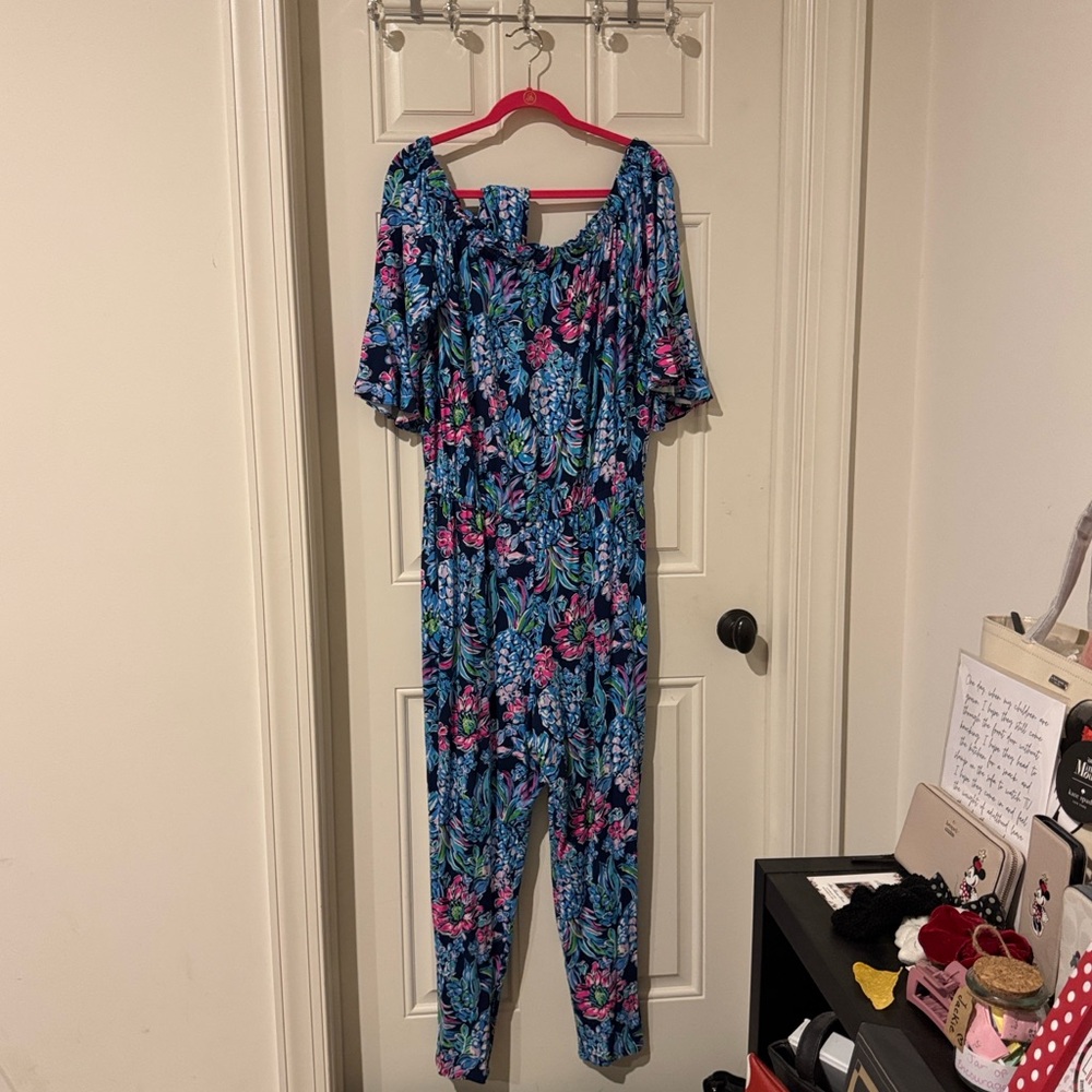Lilly Pulitzer Navy Floral Off-Shoulder Jumpsuit - Picture 6 of 7
